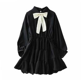 Bow Turn Down Collar Dress Mini Short Elegant Sweet Women Female Black White Long Sleeve D1680 210514