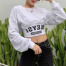 Cool Letter Print Harajuku Y2K Pullover Woman Hip Hop Metal Ring Croped Top Streetwear Short Sweatshirt Female Basic Goth Outfit 210709