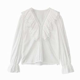 PERHAPS U White Beige V Neck Solid Shirt Puff Sleeve Blouse Casual Loose Women Ruffle Long Sleeve B0560 210529