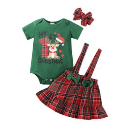 Infant Clothing Sets Girls Outfits Baby Clothes Children Autumn Winter Christmas Plaid Back Skirt Short-Sleeved Jumpsuit Three-Piece Of Chil