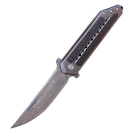 IKBS Flipper Folding Knife VG10 Damascus Steel Drop Point Blade Carbon Fibre + TC4 Titanium Alloy Handle EDC