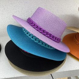 2022 New Classic Flat Summer Beach Hat With Candy Colour Metal Chain Fashion Straw Sun Hat Ladies Kentucky Derby Hats