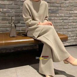 Calça de moda terno tricotado outono feminino e inverno novo estilo leve maduro suéter solto terno de perna larga de duas peças