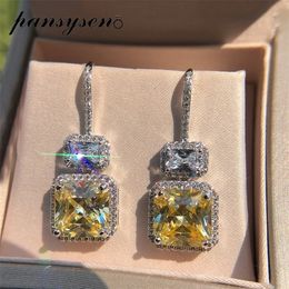PANSYSEN Original Top Brand Yellow Dangle Drop Earrings For Women Luxury White Gold Colour Silver Fine Jewellery Earring Gift 210317