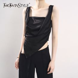 Black Minimalist Vests For Women Square Collar Sleeveless Ruched Irregular Hem Tank Tops Female Summer Fashion 210524