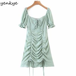 Sweet Women Solid Colour Drawstring Draped Mini Dress Sexy Square Neck Short Sleeve Holiday Summer Robe Femme 210514