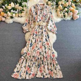 FMFSSOM Summer Spring Floral Printed Sashes Chiffon Puff Sleeve V-neck Women Female A-line High Waist Long Dress 210325