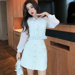 Autumn Elegant Women 2 Piece Sets Sweet Bow Chiffon Patchwork Tweed Shirt Top + Mini Skirt Suit 210518