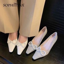 SOPHITINA Pumps Woman Shallow Pearls Genuine Leather Pointed Toe High Square Heel Offcie Lady Shoes PO1051 210513