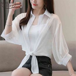 Summer Chiffon Wild Sun Protection Shirt See-Through Jacket Air-conditioning with Sling Two-piece Set Blouse 13558 210508