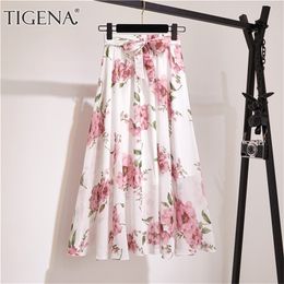 TIGENA Long Pleated Chiffon Skirt Women Fashion Summer Big Hem High Waist Floral Print Holiday Beach Female 210621