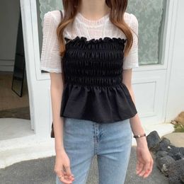 Contrast Colour Lace Patchwork Pleated Waist Crop Tops Sexy O Neck Short Sleeve Chiffon Blouse Women Sweet Blusas De Mujer Summer 210610