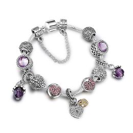 Fashion 925 Sterling Silver Purple Crystal Murano Lampwork Glass & European Charm Beads Heart Dangle Fits Pandora Charm Bracelets Necklace B8