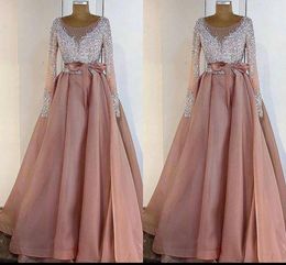Pink Prom Dusty Dresses 2021 Beaded Crystals Sequins Long Sleeves Scoop Neck Bow Organza Floor Length Custom Made Evening Party Gown Vestidos