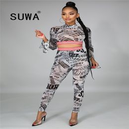 Women Two Piece Set Summer spaper Letter Vintage Long Sleeve Crop Tops + Trousers Pants Spring Festival Sexy Club Outfits 210525
