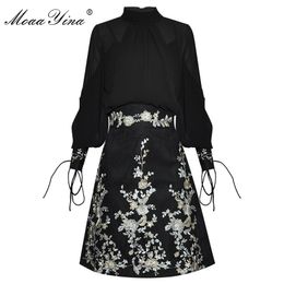 Fashion Designer Set Spring Women's Lantern Sleeve Shirt Tops+Embroidery Sequins Skirt Two-piece set 210524