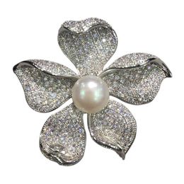 natural fresh water pearl brooch pins flower cubic zircon fashion women jewelry free
