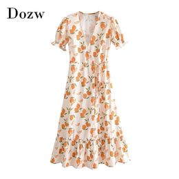 Women Chic Lemon Print Dress Summer Ruffle V Neck Boho Beach Midi Ladies Short Sleeve A Line Casual Wrap es 210515