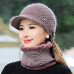 Women Winter Hat Outdoor Streetwear Keep Warm & Scarf Set Add Fur Lined s For Casual Rabbit Knitted 211119