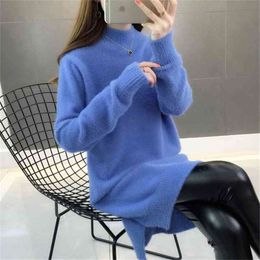 Faux Mink Fur Mid-length Sweater Female Round Neck Loose Casual Package Hip Bottoming Knitted Sweaters Women Autumn Winter 210427