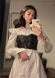 Wild Matching Sets Casual Ruffles White Turn Down Collar Flare Sleeve Shirts Dress Women Mini + Black PU Leather Camisole Tops 210610