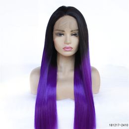 12~26 inches Long Synthetic Lace Front Wigs Silky Straight Purple Ombre Colour perruques de cheveux humains Wig 181217-2410