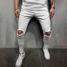 Spring Summer Fashion Men Stretch Ripped Trousers Hip Hop Destroyed Hole Zipper Fly Skinny Long Pencil Pants Elastic Clothing X0615