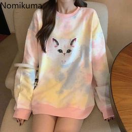 Nomikuma Cartoon Printed Tie Dye Sweet Sweatshirt Women O Neck Long Sleeve Casual Loose Pullover Hoodies Korean Style 3d975 210514