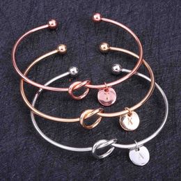 Coin 26 Letters A-z Disc Initial Letter Lovely Knot Bangles Bracelet Bridesmaids Cuff Opening Bangle for Women Girl Jewelry Q0719