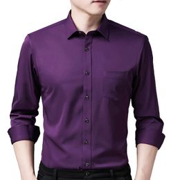Purple Shirts Men Casual Long Sleeve Satin Mens Shirt Slim Business Work Camisas Non Iron Solid Chemise Homme 26+Colors 210524