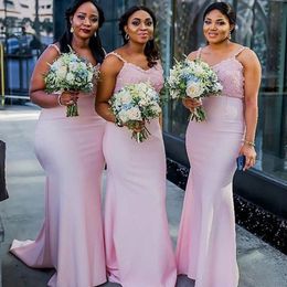 Pink Bridesmaid Dresses 2021 with Lace Mermaid Spaghetti Straps Wedding Gust Dress Junior Maid of Honour Gowns Prom Party