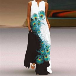 Ladies Summer Long Dress Sexy Sleeveless V-Neck 3D Printed Tank Retro Floral Plus Size Women Loose Beach es Vestidos 210526