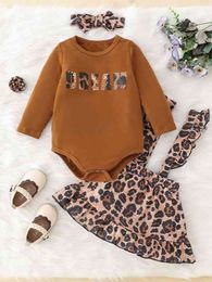 Baby Leopard Bodysuit & Ruffle Trim Pinafore Skirt With Headband SHE