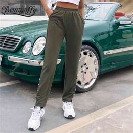Army Green Elastic Waist Side Button Casual Trousers for Women Spring Summer High Straight Pants Woman 210510