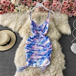 Women's Summer Tie Dye Print Sleeveless Ruched Sexy Mini Dress Chic Slim Fit Drawstring Lace-up Folds Club Outfits 210603