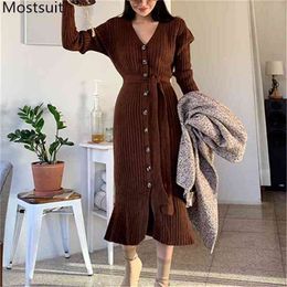 Autumn Korean Knitted Single-breasted Women Dress With Sashes Long Sleeve V-neck Splitting Sweater Dresses Vestidos Femme 210513