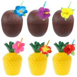 12pcs Hawaii Party Coconut Pineapple Cups Luau Flamingo Summer Beach Birthday Hawaiian Tropical Decoration 210925
