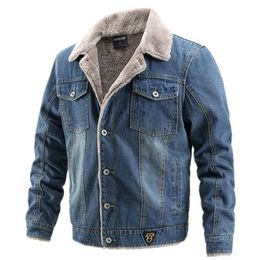 AIOPESON Plus Velvet Thick Denim Jacket Men Casual Lapel Cotton Jeans Fur Collar Warm Winter s s And Coats 211014