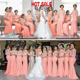 2021 Stunning Mermaid Bridesmaid Dress Long Formal Wedding Guest Dress Peach Coral Mint Turquois Custom Sheer Lace Bateau Bridesmaids Gown Sleeve