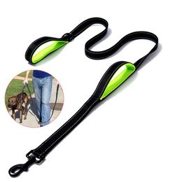 Reflective Dog Leash Rope Nylon Two Handle Small Medium Large Pet Dog Lead Belt Training Durable Walking Running Accessories 210712