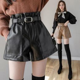 Autumn Winter Women Black Faux Leather Shorts With Belt Strethy Waist Pockets Female Retro Casual Women's