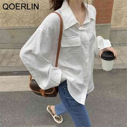 Single Breasted Blouse Office Ladies Turn-Down Collar Big Lantern Sleeve Full Simple Basic Tops Loose Solid Shirt 210601