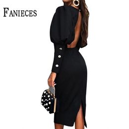 Spring Autumn Women Pencil Party Dress Black Hollow out Backless Midi loose Dresses office lady Casual Puff Sleeve Vestido 210520