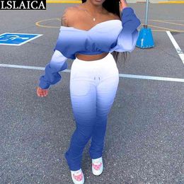 Crop Top Bat Sleeve Stacked Pants Two Piece Set Women Tie Dye Print Sweatshirt Fashion Streetwear Plus Size Ropa Deportiva Mujer 210520