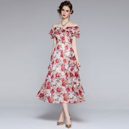 Chic Design Elegant Rose Flower Printted Women Summer Sexy Dew Shouder Slash Neck Ruffles A-Line Long Dresses 210514