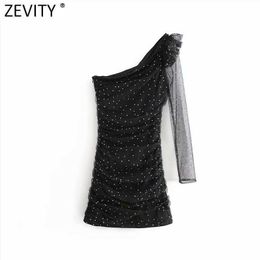 Zevity Women Sexy One Shoulder Drilling Asymmetric Slim Dress Femme Pleat Ruffles Vestido Chic Party Clothes DS4891 210603