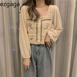 Ezgaga Korean Fashion Vintage Women Blouse Embroidery Floral Shirts Sweet Square Collar Slim Spring Elegant Crop Tops Casual 210430