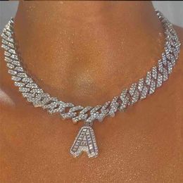 Bling Hip Hop 26 Baguette Letter Necklace Stainless Steel for Women Thick Miami Cuban Link Chain Men Iced Out Choker 210721