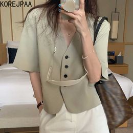 Korejpaa Women Jackets Summer Korean Chic Temperament V-Neck Single-Breasted Loose Casual Solid Color Short-Sleeved Blazer 210526