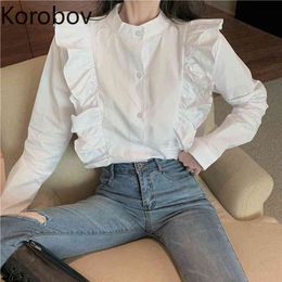 Korobov New Arrival White Blouses Korean Chic Long Sleeve Ruffles Female Shirt Vintage Elegant Single Breasted Blusas Mujer 210430